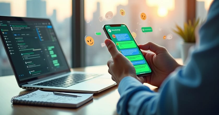 Profissional em escritório moderno usando smartphone para enviar mensagens automatizadas via WhatsApp.