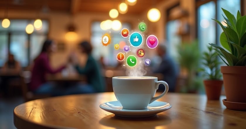 Notificação interativa do WhatsApp em um café, com ícones coloridos para engajamento em um smartphone.