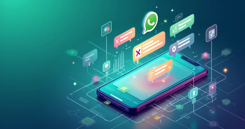 Ilustração de smartphone com interface do WhatsApp destacando mensagens e notificações de campanhas inteligentes.