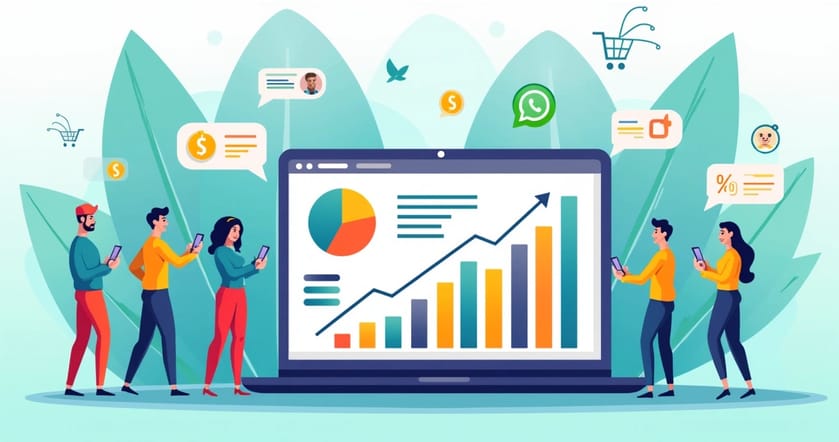Ilustração de processo de segmentação de leads para aumentar vendas pelo WhatsApp com gráficos e uma equipe colaborativa.