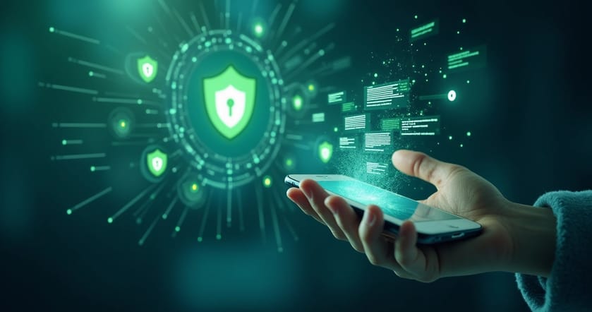 Celular mostrando o WhatsApp, cadeados sobre mensagens e símbolos de segurança digital ao fundo.