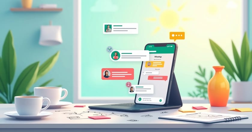 Ilustração de um smartphone com notificações do WhatsApp em um escritório moderno.