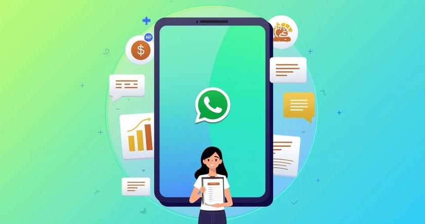 Smartphone with WhatsApp logo, sales automation icons, and digital assistant character.