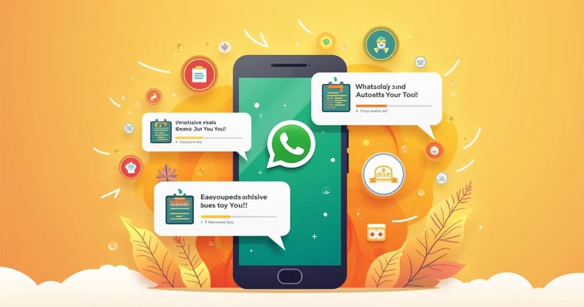 Interface de chat do WhatsApp com mensagens automáticas e elementos de geração de leads no fundo colorido.