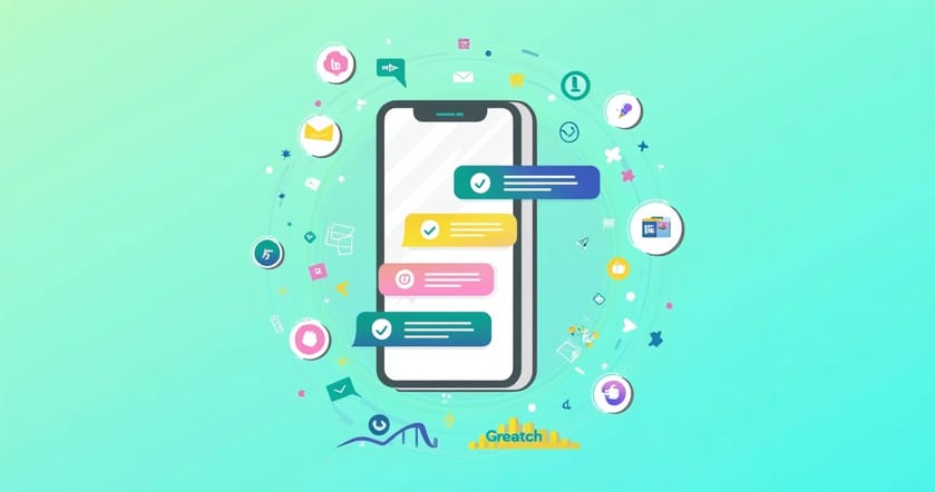 Ilustração de um smartphone com chat do WhatsApp exibindo mensagens automáticas de marketing.