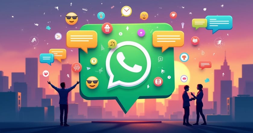 Balao de chat do WhatsApp verde com mensagens personalizadas e ícones coloridos em um fundo de cidade ao pôr do sol.