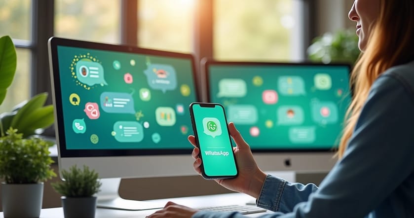 Espaço de trabalho moderno com interface do WhatsApp e ícones de integração em fundo colorido.