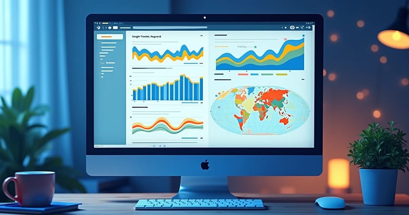 Tela de computador exibindo gráficos coloridos de tendências no Google Trends com mapas de calor e linhas de crescimento