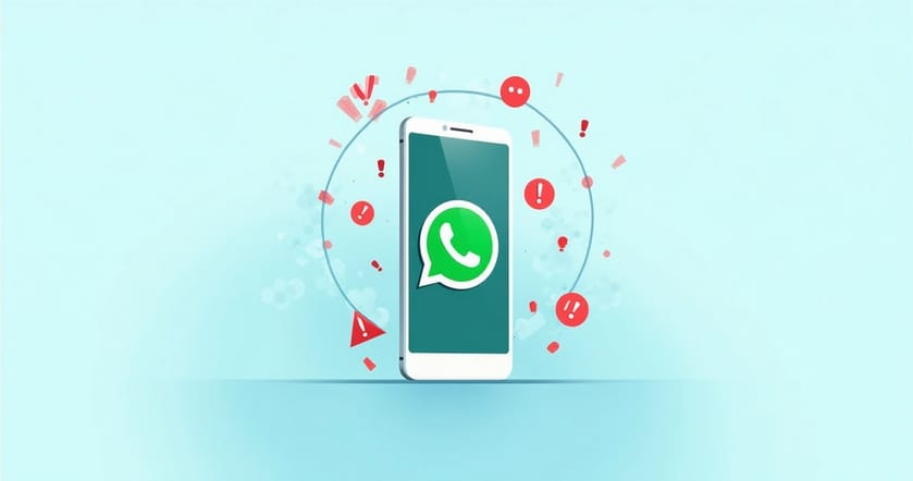Tela de celular mostrando ícone do WhatsApp com símbolos de alerta e erros ao redor