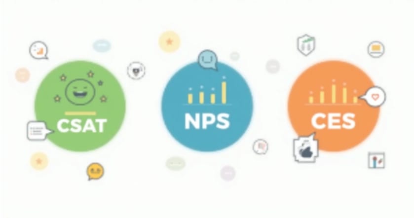 Ilustração com ícones representando CSAT, NPS e CES em um fundo claro. Cada métrica aparece em círculos coloridos distintos, com gráficos e símbolos de satisfação ao redor