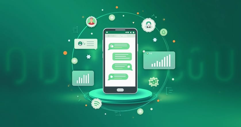 Interface de smartphone exibindo mensagens e notificações interativas do WhatsApp com elementos de automação e gráficos de desempenho ao fundo