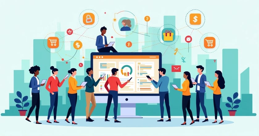Ilustração de um ecossistema digital de revendedores conectados em uma rede de e-commerce