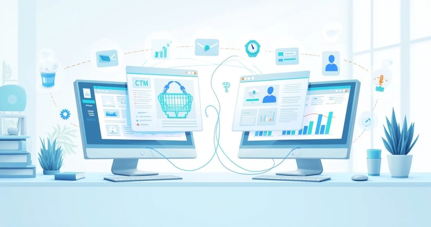 Computador com telas mostrando gráficos de vendas e integração entre e-commerce e CRM