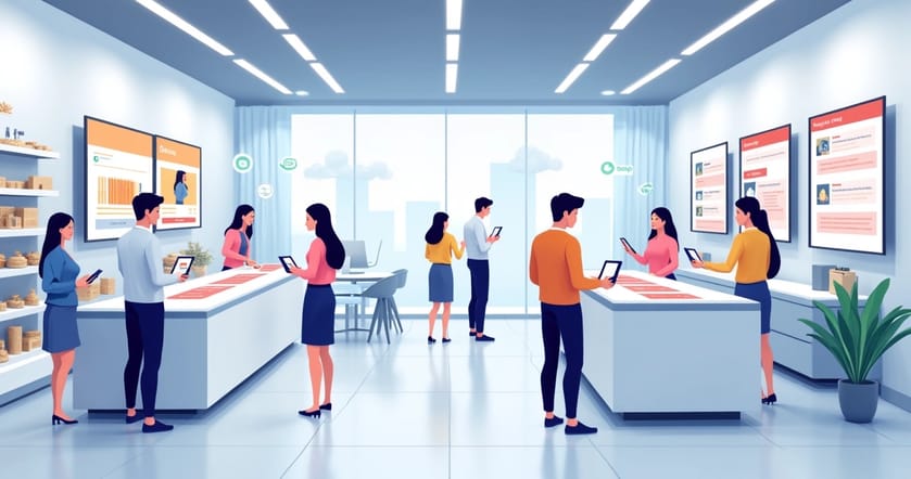 Loja flagship moderna com clientes interagindo em dispositivos móveis, displays digitais e áreas de atendimento integradas
