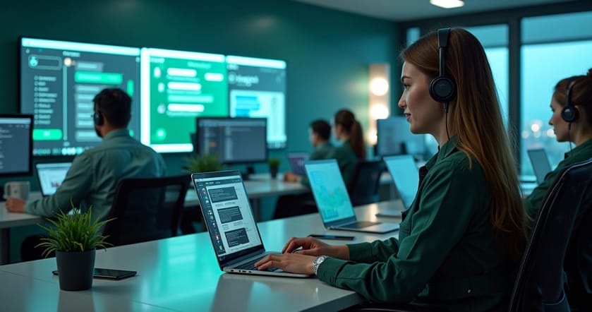 Diversos atendentes trabalhando com múltiplos dispositivos em um ambiente moderno de suporte via WhatsApp