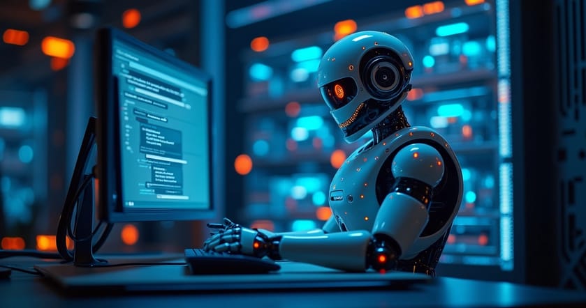 Tela de computador mostrando chatbot automatizado com ícones de alerta e clientes frustrados ao fundo