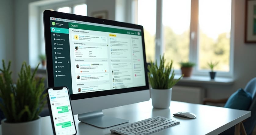 Interface de plataforma CRM mostrando automação e mensagens no WhatsApp
