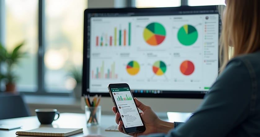 Pessoa analisando mensagens de feedback no WhatsApp com gráficos na tela do computador ao fundo