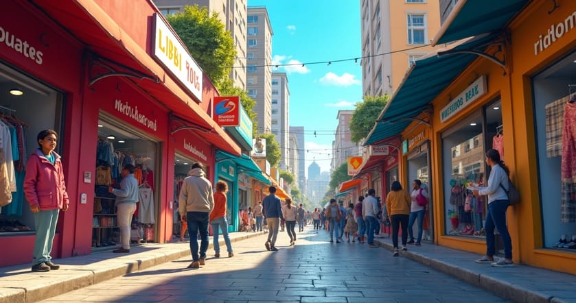 Rua movimentada do Brás com lojas de roupas e pessoas negociando em frente a vitrines