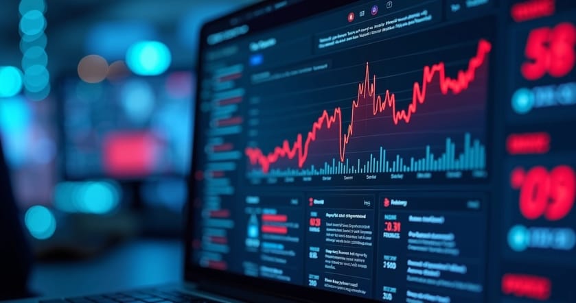 Tela de computador exibindo gráfico decrescente e alertas de ataque cibernético em ambiente tecnológico escuro