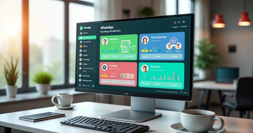Tela de computador mostrando plataforma de automação de mensagens via WhatsApp com gráficos de vendas e notificações interativas