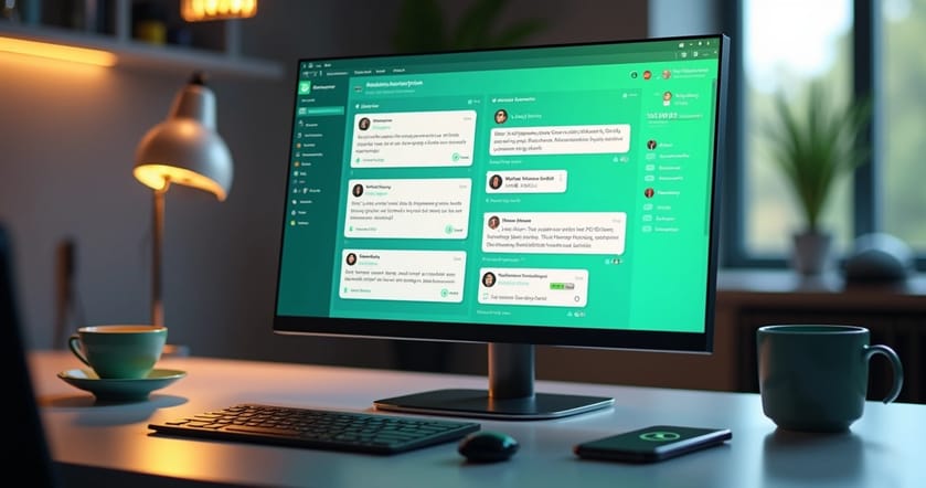 Painel de controle de automação com notificações do WhatsApp exibidas na tela de computador moderno