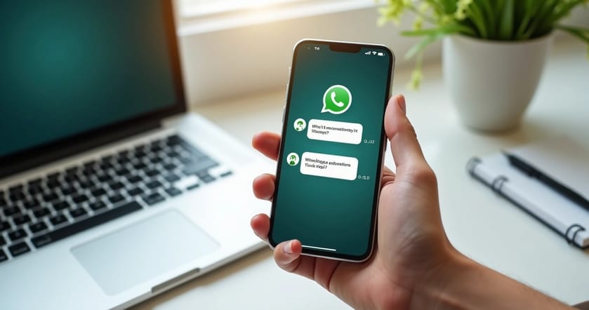 Tela de smartphone mostrando conversa no WhatsApp com respostas automáticas personalizadas em mensagens de texto e áudio