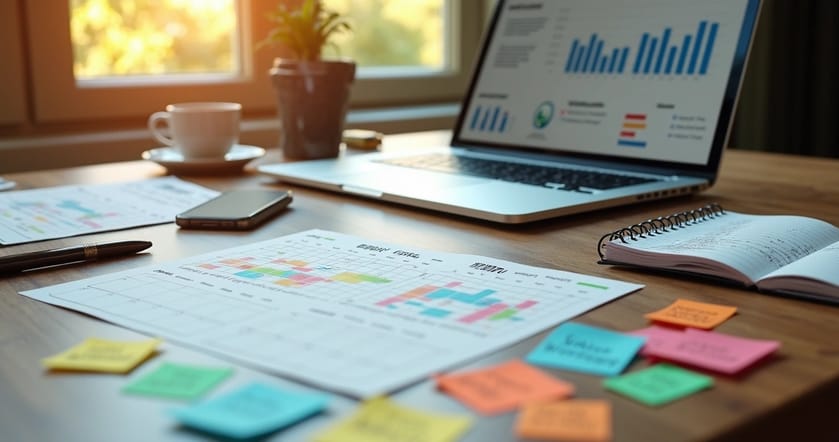 Mesa colorida com calendários destacando datas sazonais pouco conhecidas, cercada por objetos relacionados a vendas e marketing