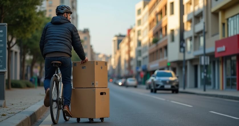 Entregador segurando caixa de encomenda ao lado de caminhão em área urbana de Porto Alegre
