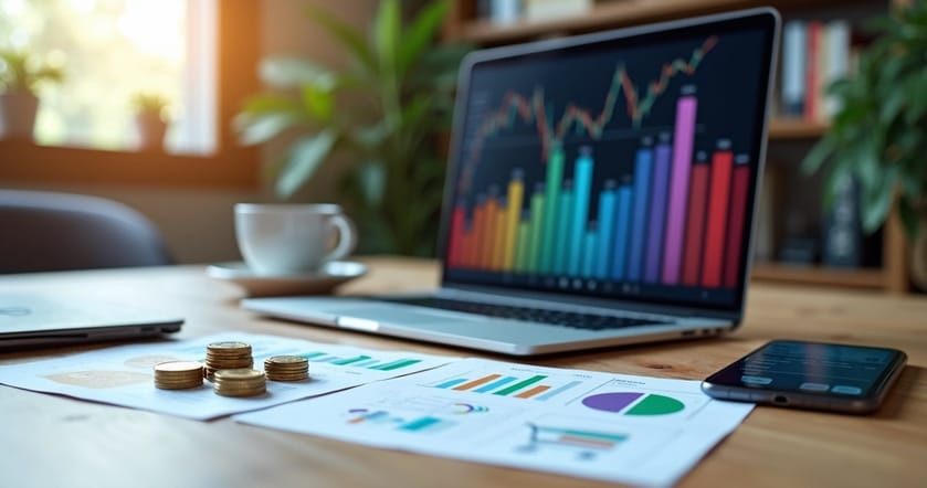 Mesa de trabalho com laptop exibindo gráficos financeiros, ao lado de pilhas de moedas e documentos com símbolos de e-commerce e finanças