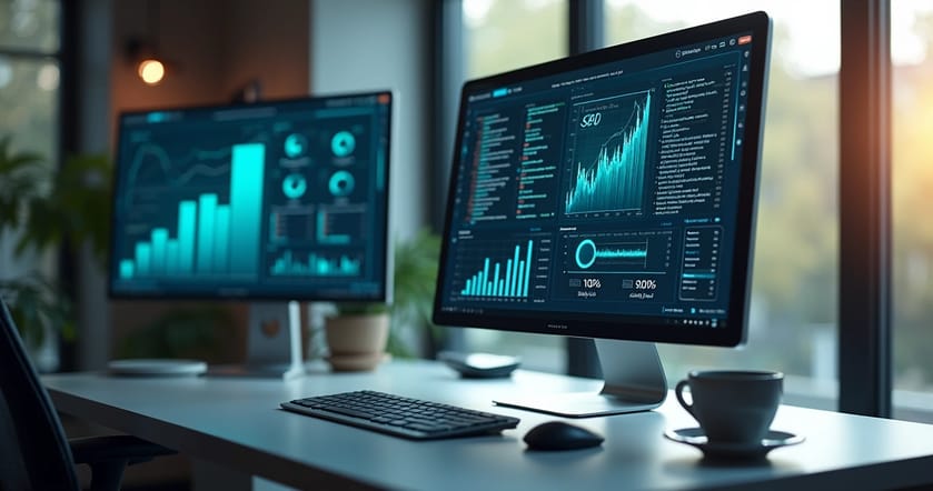 Tela de computador mostrando código técnico de SEO com gráficos de desempenho ao fundo