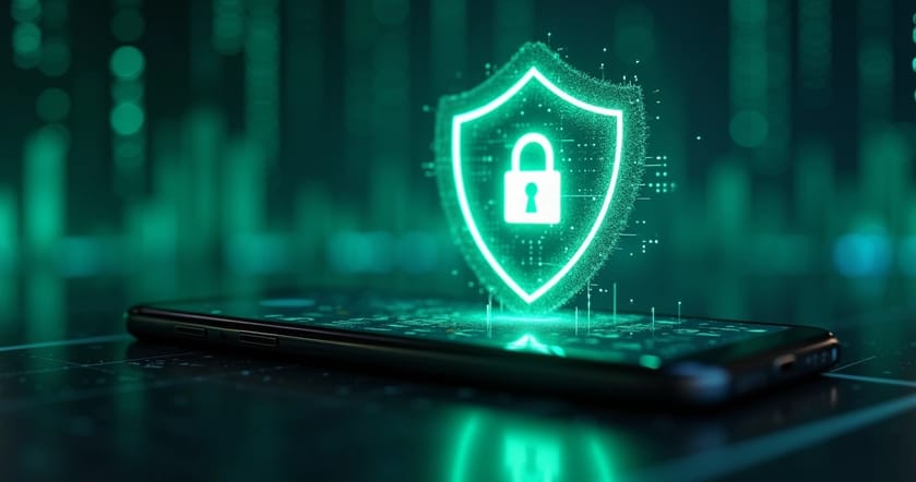 Tela de smartphone mostrando aplicativo WhatsApp com escudo de proteção digital e cadeado ao fundo