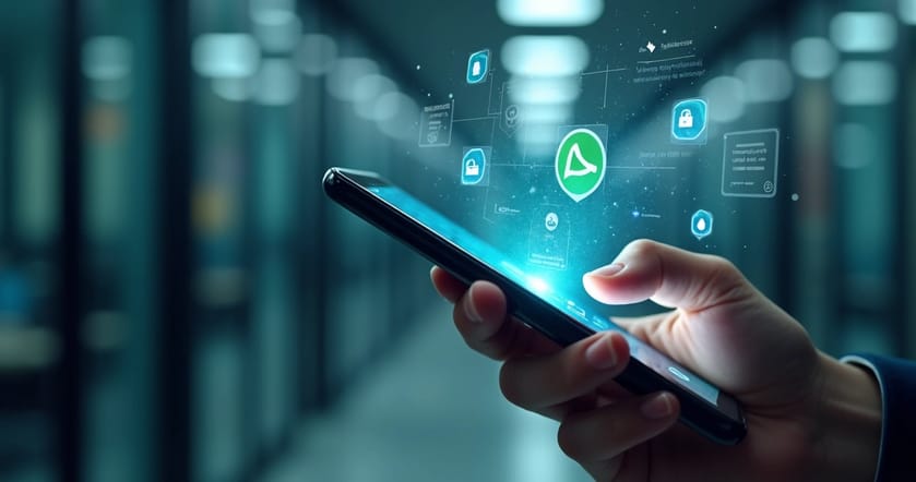 Tela de smartphone com aplicativo WhatsApp aberto exibindo mensagens e ícones de segurança como cadeado e escudo digital