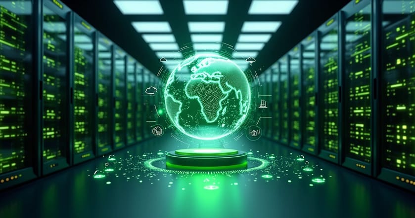 Data centers modernos com design sustentável e luzes verdes simbolizando baixa emissão de carbono