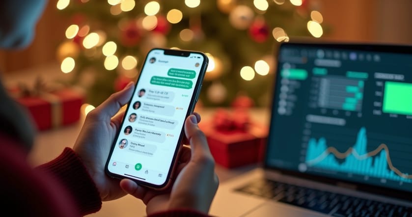 Tela de smartphone exibindo conversa automatizada no WhatsApp com mensagens de vendas e notificações interativas