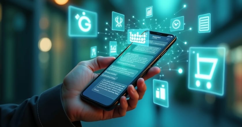 Smartphone exibindo conversa automatizada no WhatsApp com ícones de mensagens, gráficos de vendas e ícones de e-commerce ao fundo