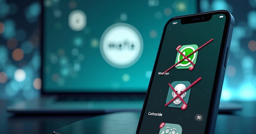Tela do WhatsApp com ícones de inteligência artificial bloqueados e logotipo da Meta ao fundo