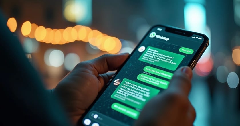 Tela de smartphone exibindo conversa no WhatsApp com mensagens automáticas de vendas e catálogos de produtos, com elementos digitais ao fundo representando automação e integração