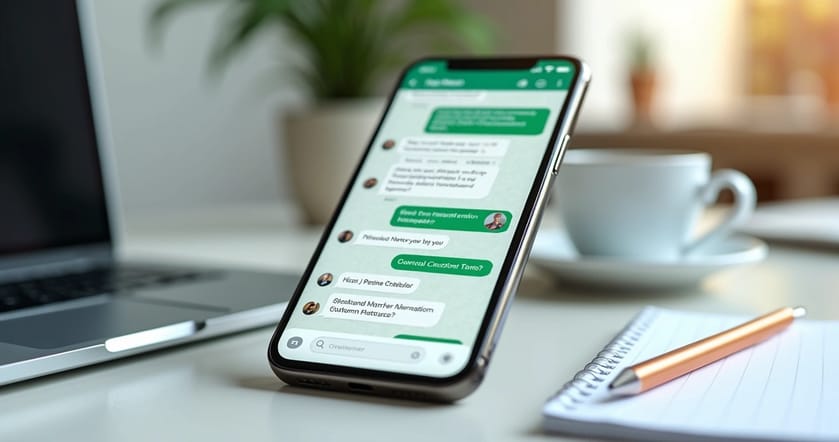 Tela de smartphone exibindo conversa automatizada de chatbot no WhatsApp com mensagens interativas e botões de opções