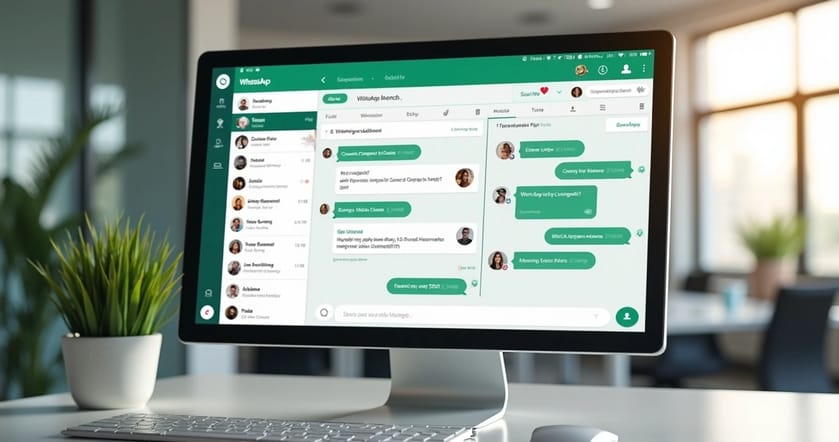 Tela de computador mostrando painel de chatbot multi atendimento no WhatsApp com atendentes e fluxos de conversa organizados