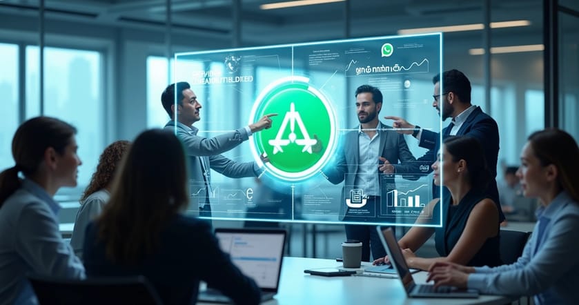 Interface digital mostrando a integração entre Google Ads e WhatsApp com ícones de mensagens e gráficos de conversão