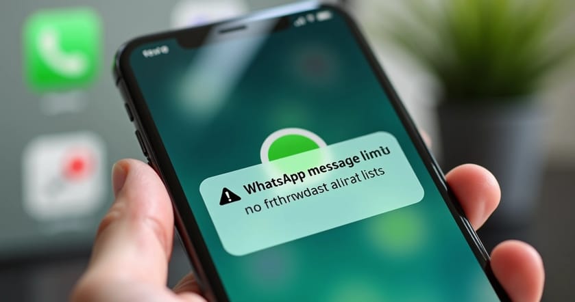 Tela de smartphone exibindo alerta sobre limite de mensagens no WhatsApp com fundo de ícones de mensagens e WhatsApp
