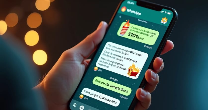 Celular aberto com conversa no WhatsApp exibindo mensagem promocional de Black Friday com emojis e link de compra