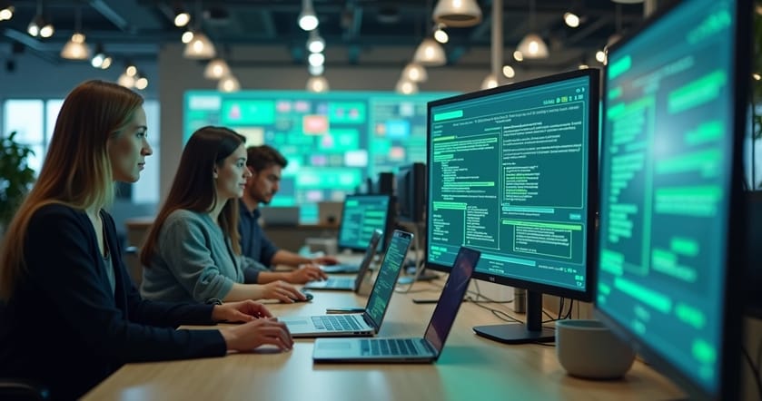 Equipe pequena trabalhando com laptops e smartphones, respondendo mensagens no WhatsApp com interface de automação exibida nas telas, ambiente de escritório moderno e iluminado, elementos gráficos digitais ilustrando fluxos automatizados e mensagens personalizadas em destaque