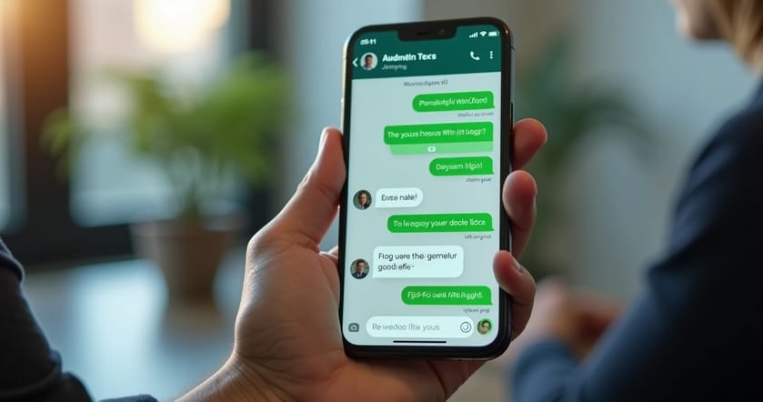 Tela de smartphone mostrando conversa automatizada no WhatsApp com mensagens personalizadas e ícones de áudio, vídeo e links interativos