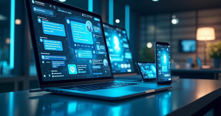 Interface digital de chatbot atendendo clientes em vários dispositivos com integração a sistemas de e-commerce e CRM