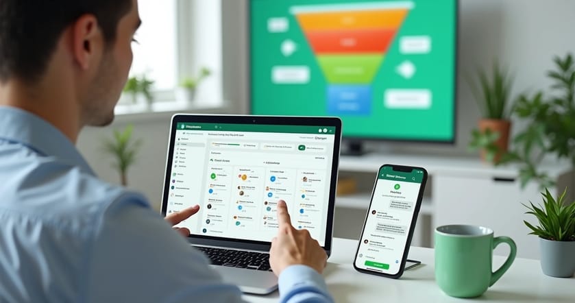 Consultor de vendas analisando funil no notebook com tela de conversas no WhatsApp
