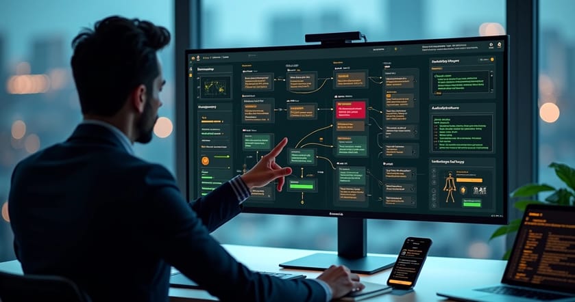 Gestor analisando painel de auditoria de fluxos automatizados no WhatsApp
