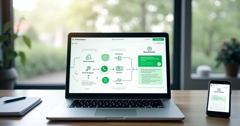 Dashboard exibindo fluxos automatizados de lembretes de renovação no WhatsApp em tela de notebook