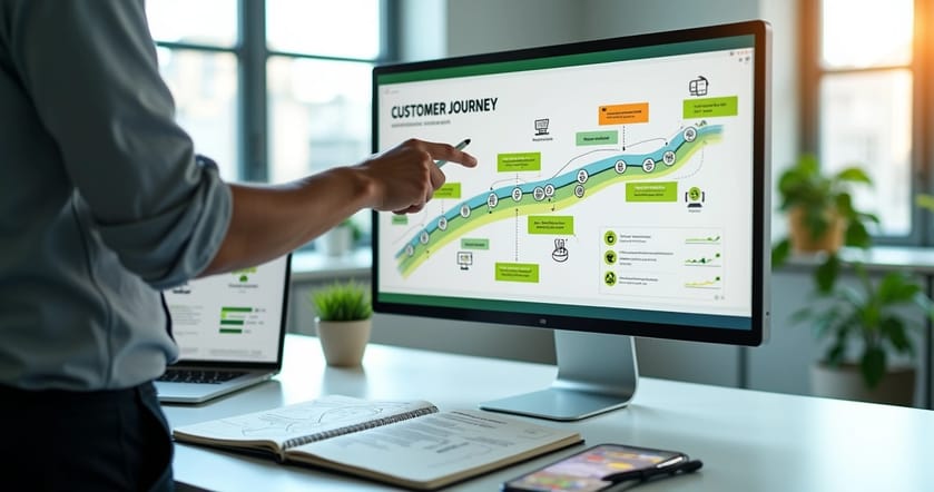Profissional analisando mapa de jornada do cliente conectado ao WhatsApp em tela grande